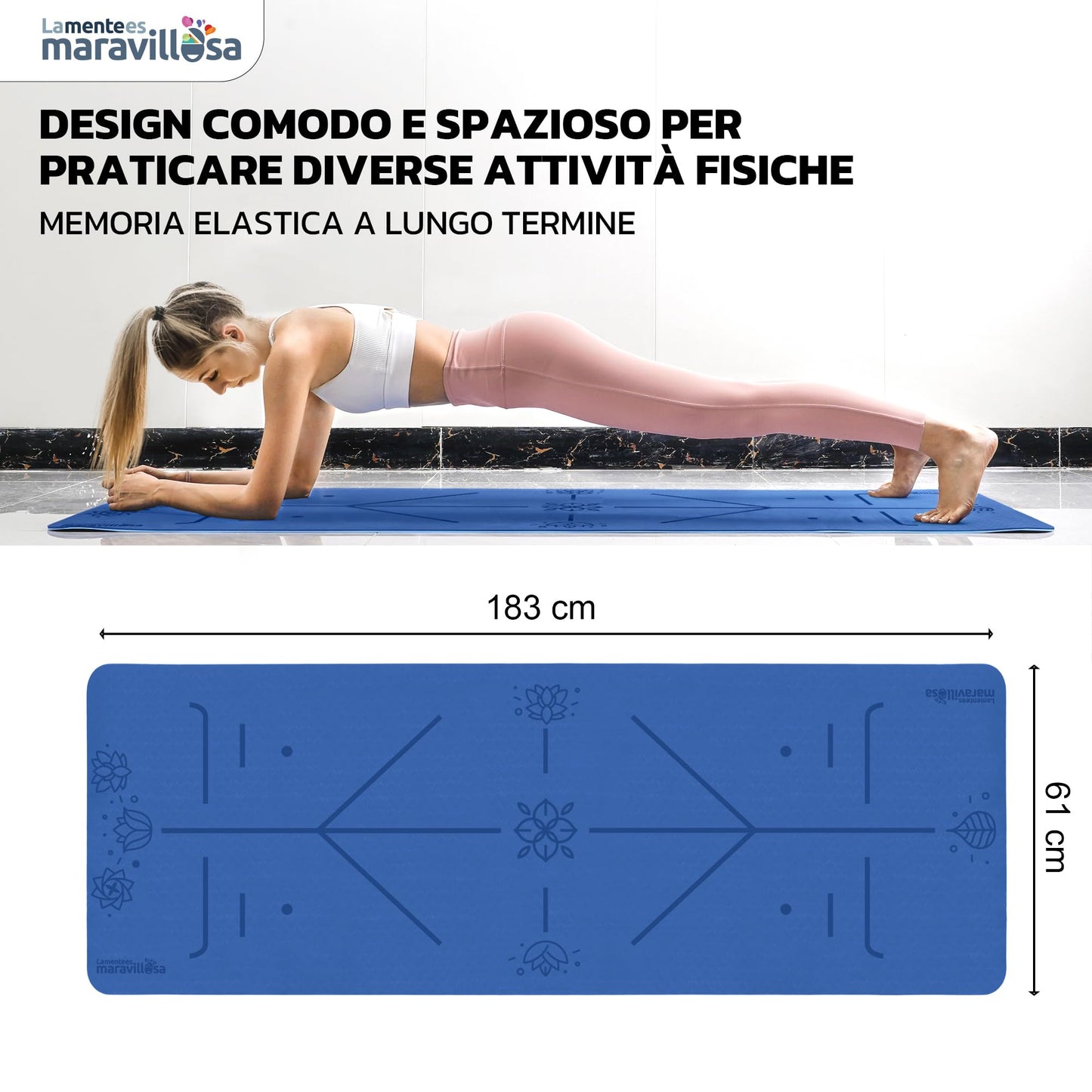 LA MENTE ES MARAVILLOSA - Tappetino per Yoga, Pilates, Fitness o Altri Sport, Tappetino Antiscivolo in TPE con Borsa a Tracolla, Tappetino da Allenamento 183 x 61 cm