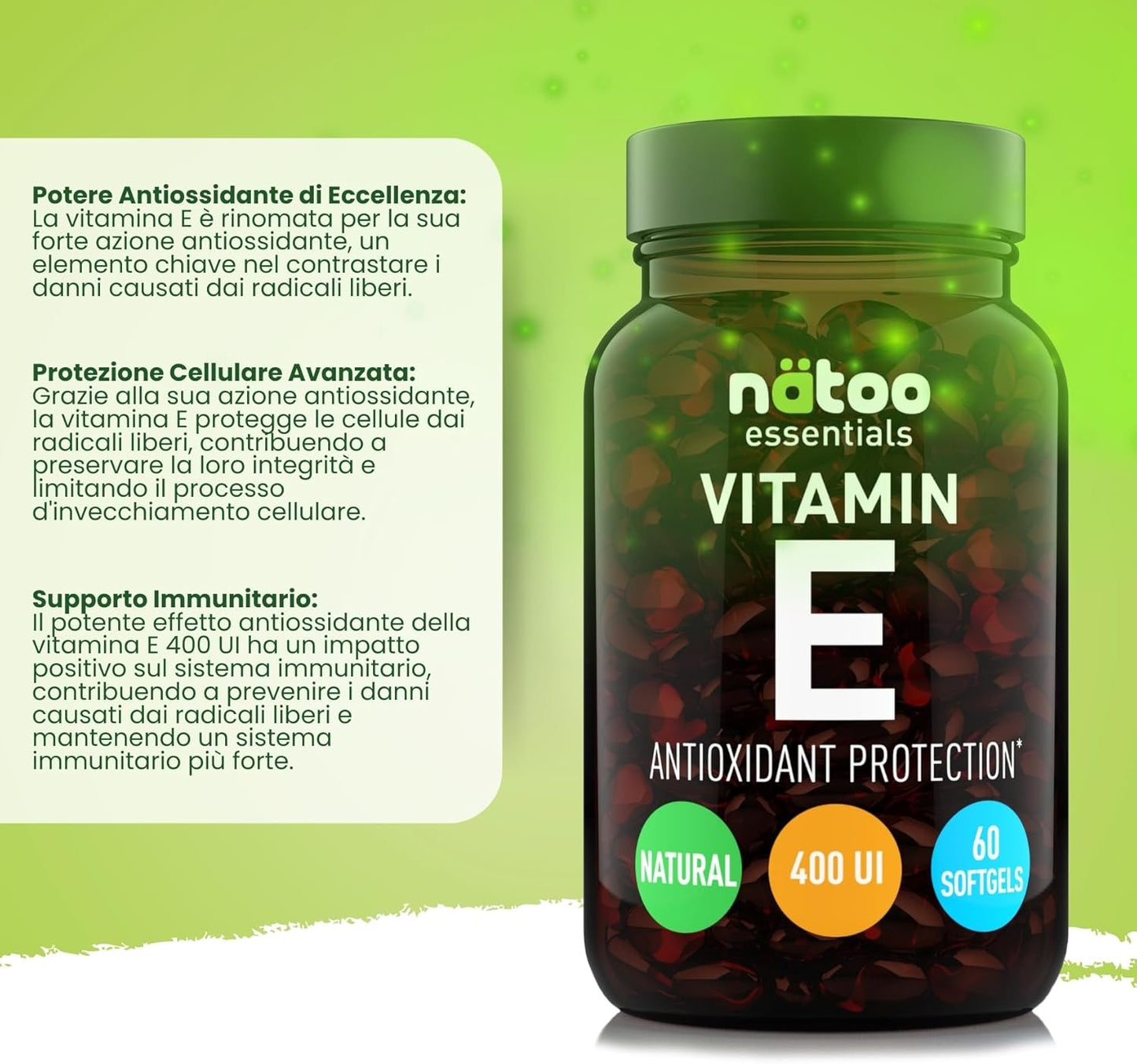 NÄTOO Vitamina E 268mg (400UI) Softgel 60 perle. Integratore naturale (D-Alfa-Tocoferolo) - Vitamina E Pura potente antiossidante - Alto dosaggio 2233% del VNR