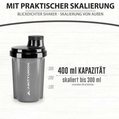 AMITYUNION Shaker per proteine 300 ml Heaven a prova di perdite, senza BPA con setaccio cliccabile e scala per frullati cremosi di siero di latte, shaker per proteine, originale in Fumo nero