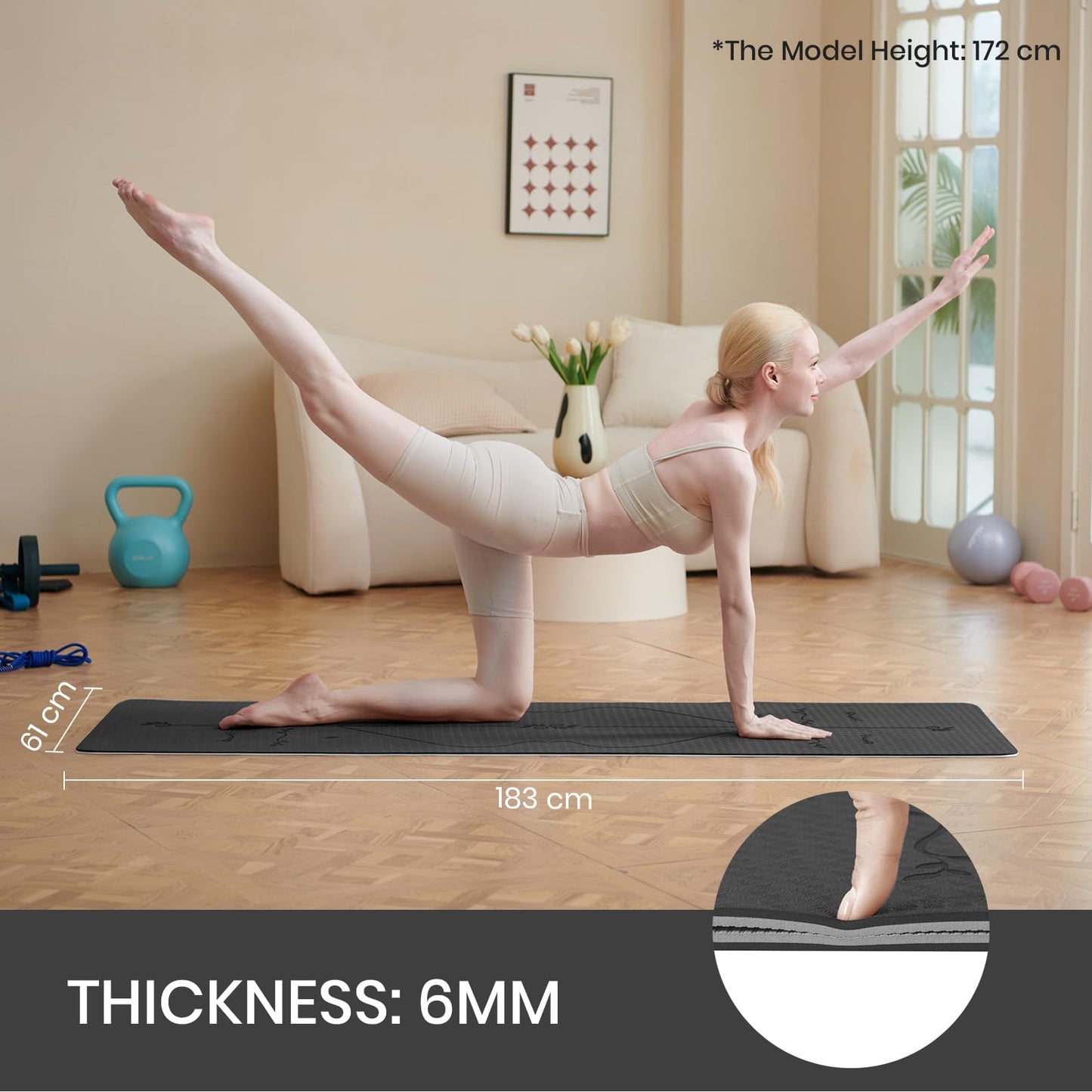 Good Nite Tappetino da yoga da 6 mm, in TPE, antiscivolo, per fitness, pilates, allenamento, yoga, pilates, allenamento, 183 x 61 x 0,6 cm