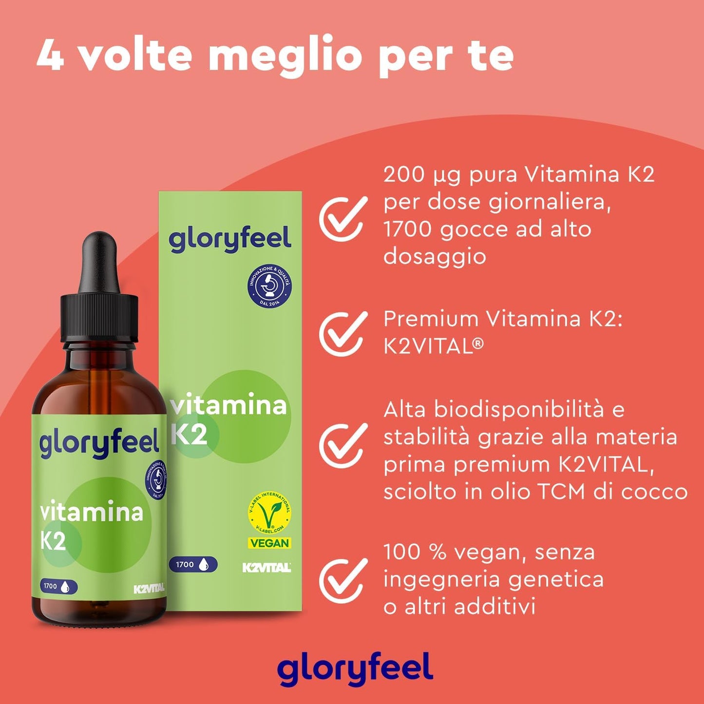 Vitamina K2, Alto Dosaggio 200 mcg per 10 Gocce, Supporto per Cartilagine & Ossa, Menachinone Premium 99,7+% All Trans MK7 (K2VITAL® di Kappa) All-Trans - Premium Gnosis Vit MK7, 100% vegan