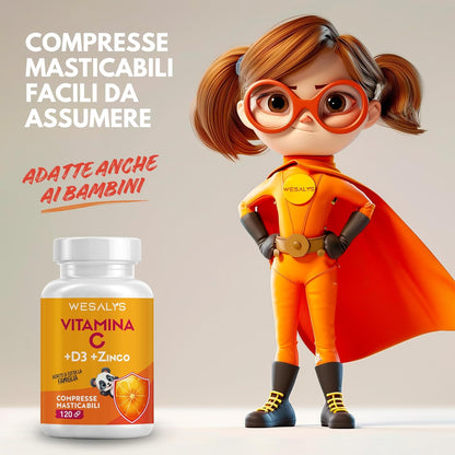 Vitamina C D Zinco, Masticabile gusto Arancia, per Bambini ed Adulti, Vitamina C 1000mg, Vitamina D3 2000 UI e Zinco 5mg in 2 cpr, WE Salus