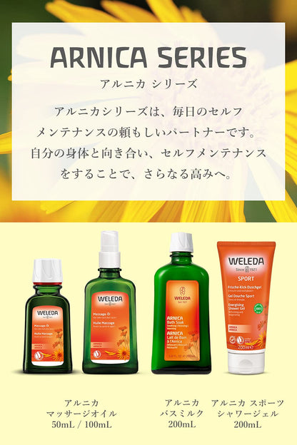 Weleda Arnica Olio per Massaggi decontratturanti per trattamenti di contratture e tensioni muscolari da fatica e stress, ideale per applicazione pre e post attività sportiva (1x200ml)