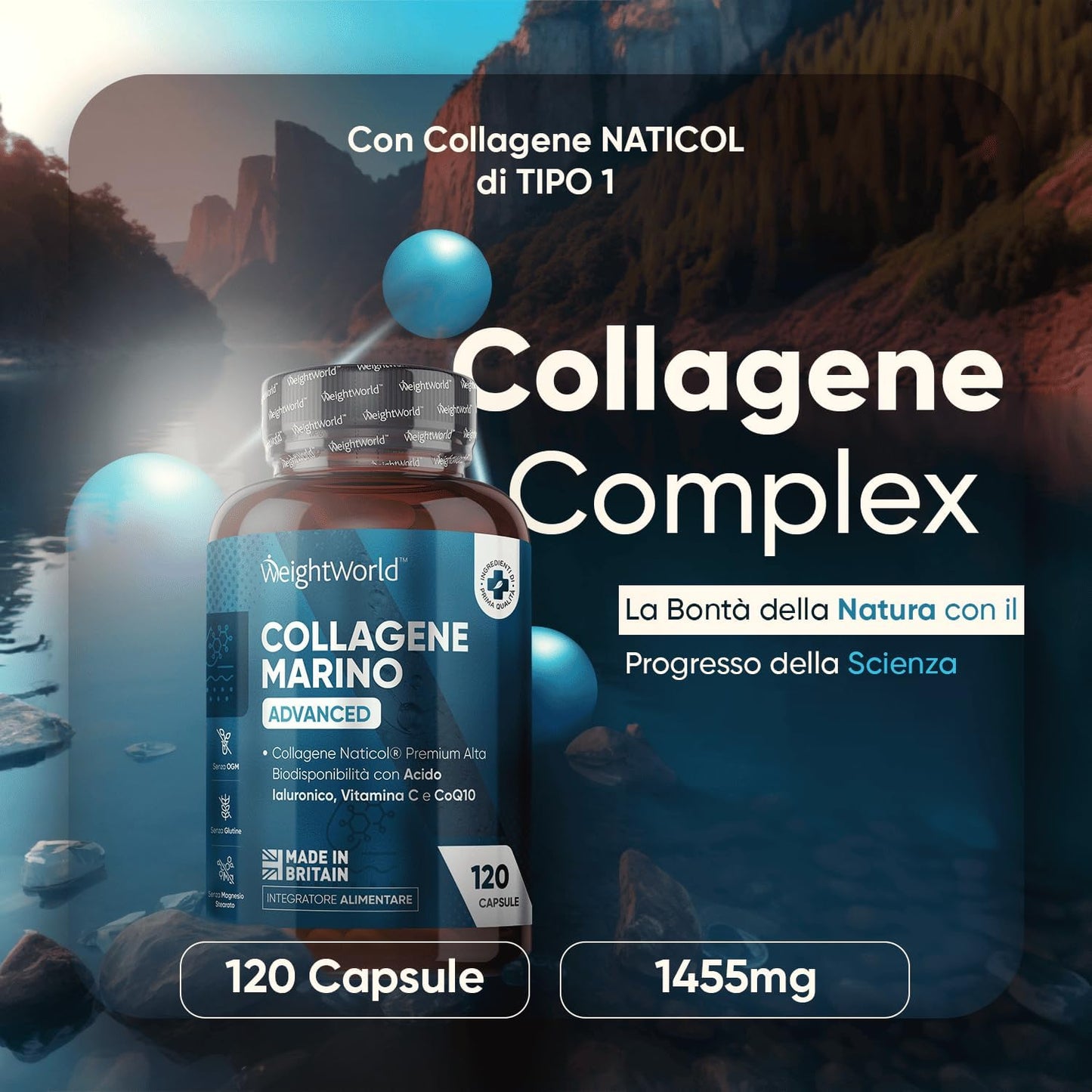 Collagene Marino Naticol 1200mg con Acido Ialuronico e Vitamina C, CoQ10 e Zinco, Pelle, Denti, Ossa, Collagene Marino con Acido Ialuronico, Collagene Idrolizzato Tipo 1, Collagene e Acido Ialuronico