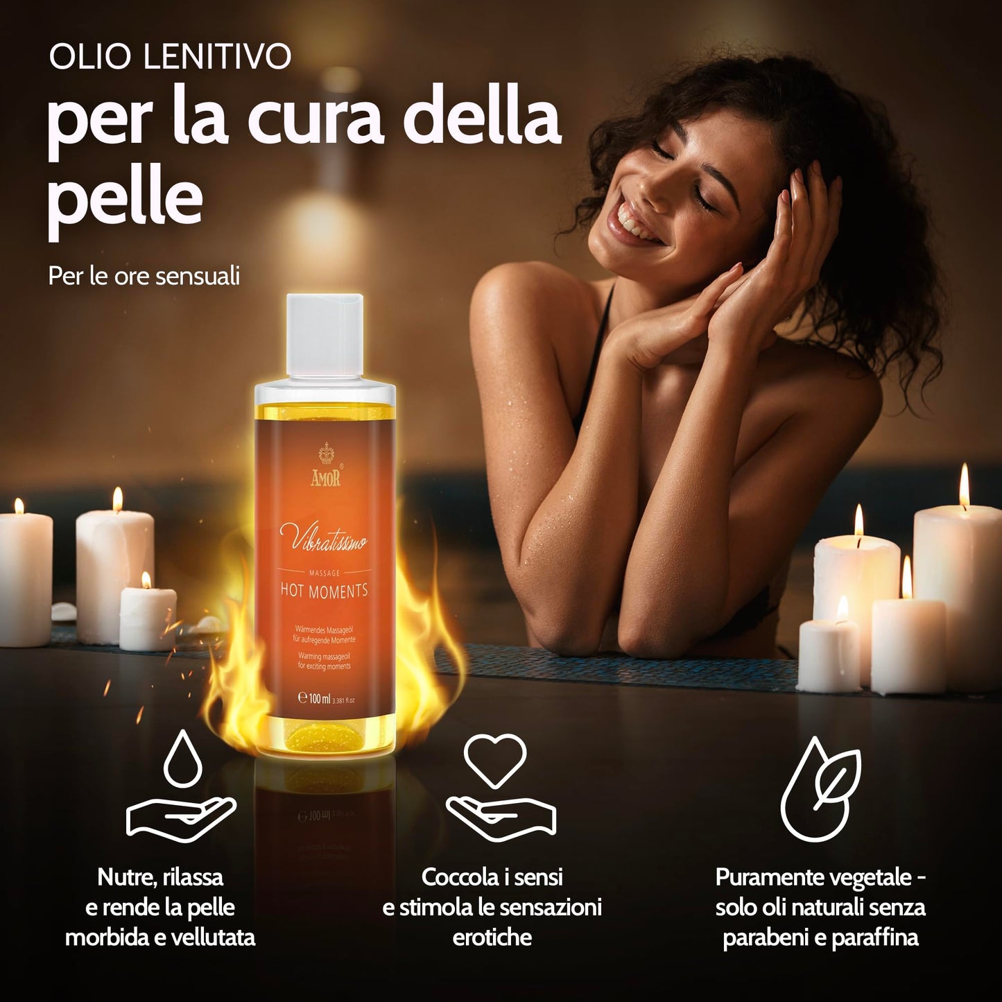 Vibratissimo “Hot Moments”: olio da massaggio riscaldante e lenitivo, 100 ml