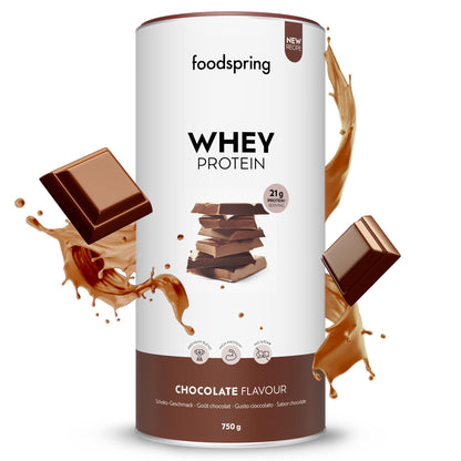 foodspring - Proteine Whey in polvere Cioccolato - Con 21 g di proteine per l'aumento muscolare, perfetta solubilità, ultra-filtrate & ricche di BCAA ed EAA - gusto pieno e delizioso (750 g)