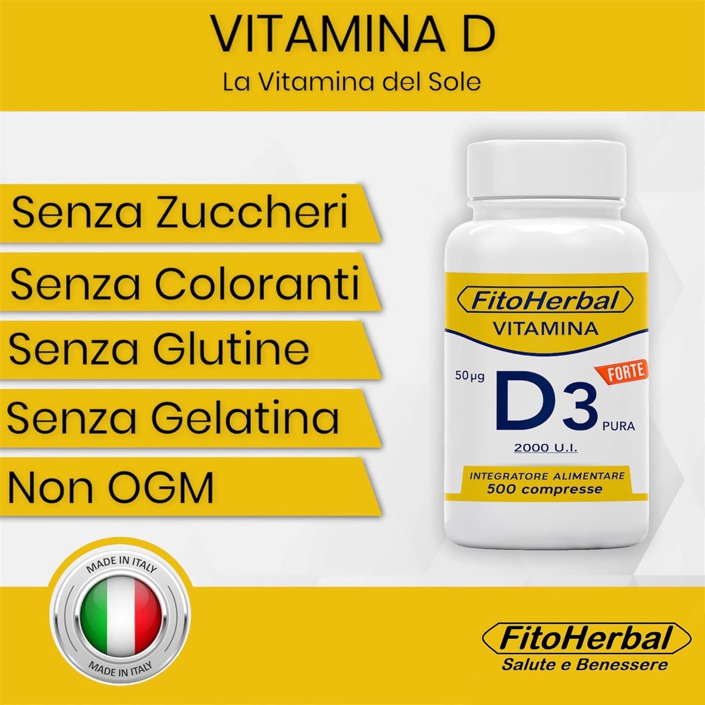 Vitamina D 60000 UI/mese ALTO DOSAGGIO 500 Compresse | Integratore Vitamina d3 2000 UI Supporto per Ossa Denti Muscoli, Integratori Sistema Immunitario Formato Famiglia, Made in Italy