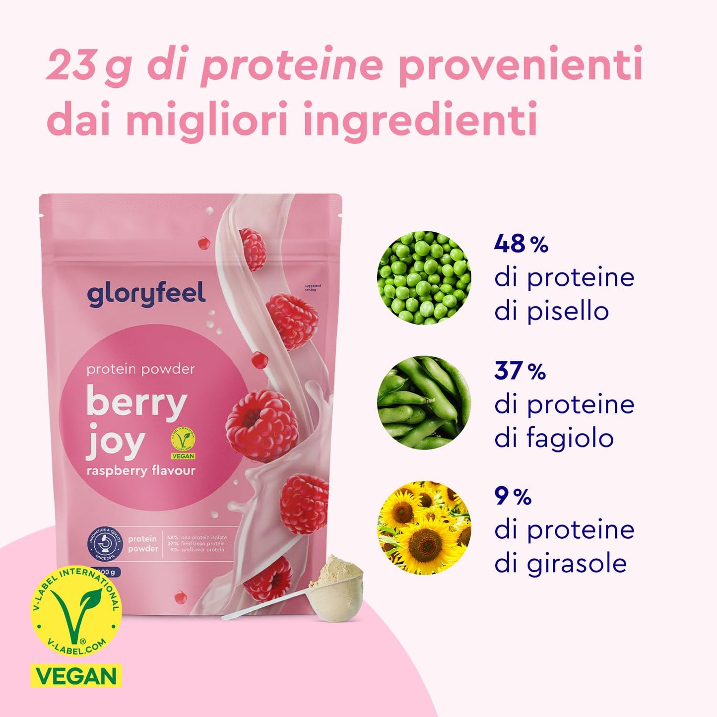 Proteine in Polvere Vegane 1 kg, 22 g Proteine, Gusto Vaniglia, Proteine Vegetali Isolate in Polvere di Pisello, Fagiolo e Girasole, Aumento e Crescita Muscolare*, senza Glutine, Zucchero e Lattosio