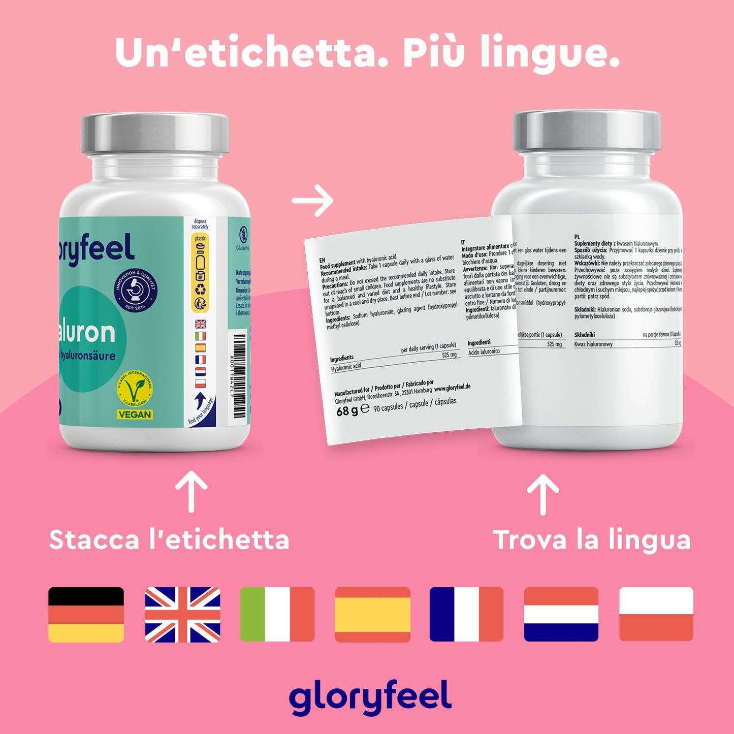 Acido Ialuronico Integratore, Puro 525mg ad Alto Dosaggio, per Pelle, Articolazioni e Ossa, con 500-700 kDa per Capsula, 90 Capsule Vegan per 3 Mesi di Cura