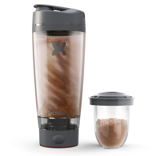 Promixx Pro Shaker Bottle - Ricaricabile, Potente per Frullati Proteici Lisci - Includere Deposito di Proteine - senza BPA - Tazza da 600 ml (Grafite/Arancia)