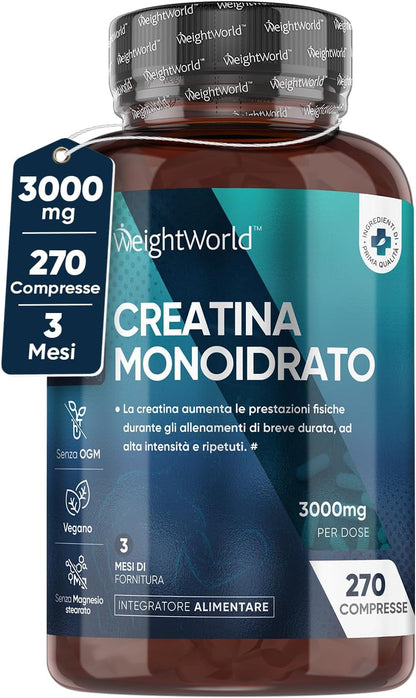 Creatina Monoidrata 3000mg, 270 Compresse di Creatina Vegana (Scorta 3 Mesi) Senza Magnesio Stearato, Creatina Monohydrate, Sport, Palestra, Pre Workout, Intra Workout, Post Workout, Uomini e Donne