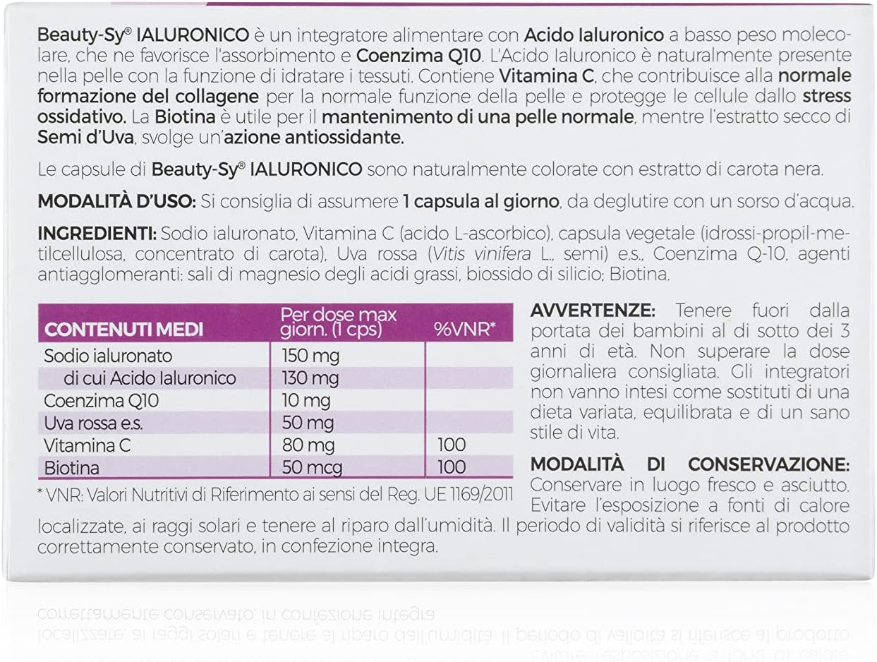 Syrio Integratori Alimentari, Beauty Sy Ialuronico Integratore con Biotina per il Benessere della Pelle e con Coenzima Q10, 120 mg di Acido Ialuronico a Basso Peso Molecolare per capsula, 30 capsule