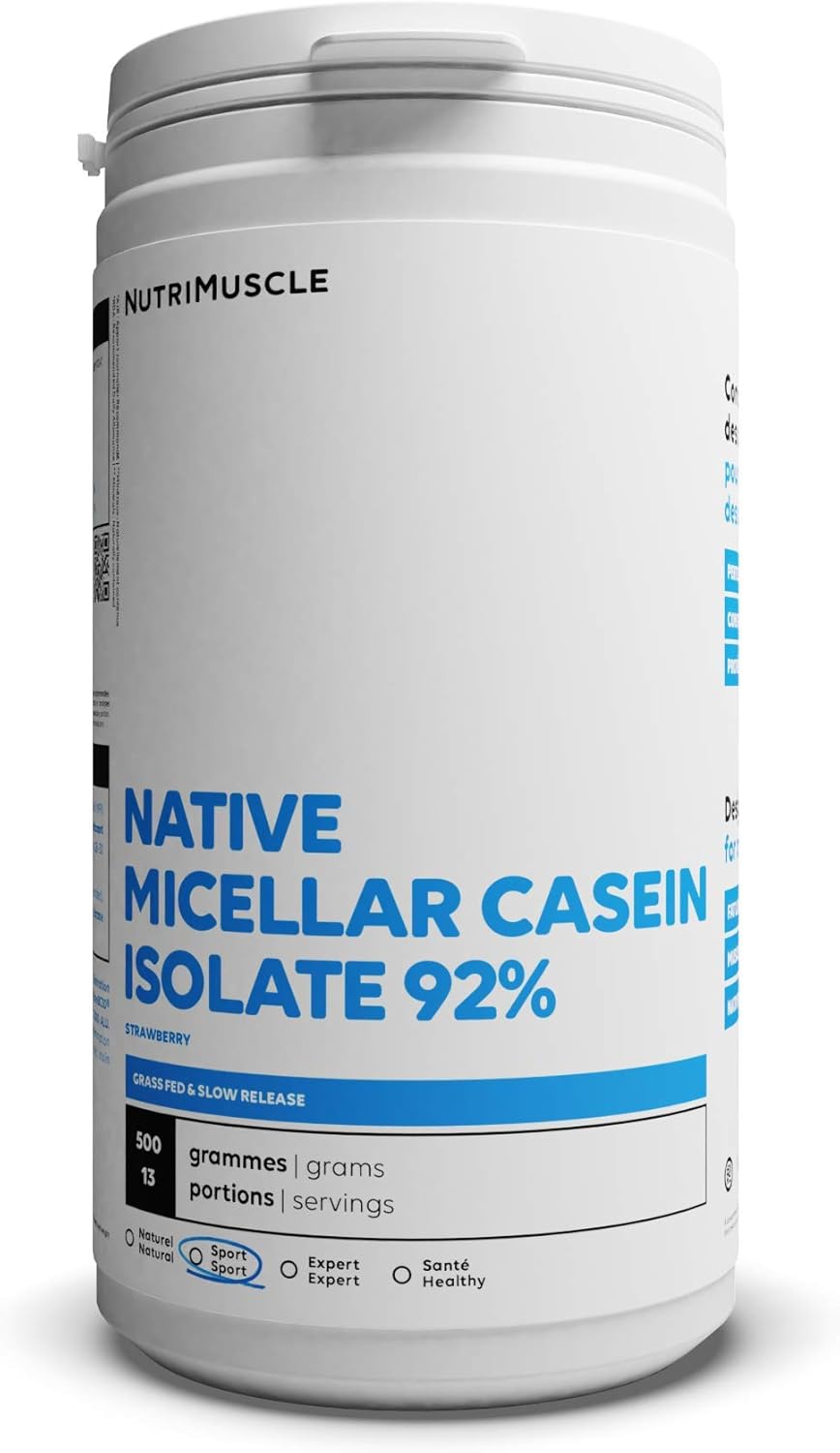 Nutrimuscle Caseina Micellare Isolata | Purezza record 92% - Costruzione muscolare - Soppressore dell'appetito - Assimilazione molto lenta - Non OGM - Costruzione muscolare e fitness (500 g)