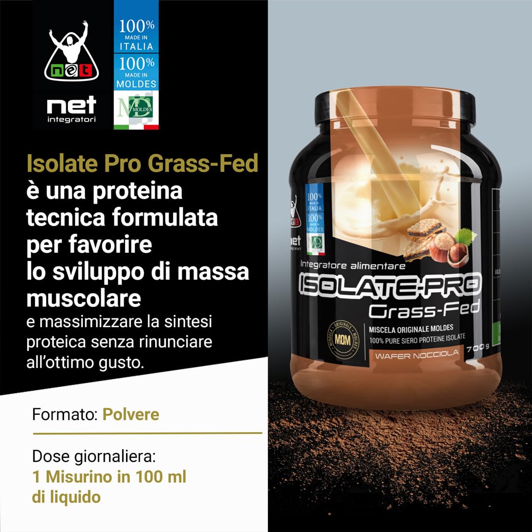 NET Integratori ISOLATE PRO Grass Fed - 700g Cioccolato - Proteine Isolate Con EAA Aminoacidi Essenziali e BCAA - Massimizza La Sintesi Proteica e La Crescita Muscolare