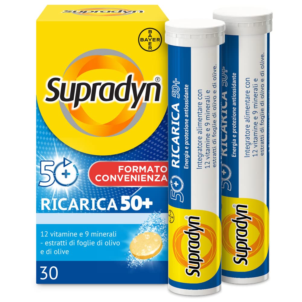 Supradyn Ricarica 50+ Integratore Multivitaminico Completo Vitamine E Minerali Con Vitamina B12, C, D, Zinco Per Stanchezza Fisica E Concentrazione Dai 50 Anni Uomo E Donna, 30 Compresse Effervescenti