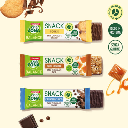 Enervit, Enerzona Protein Snack 40-30-30 Variety Pack 10pz Caramello + 10pz Crunchy Choco+ 10pz Cookies, Barrette Proteiche per Dieta a Zona con Proteine del Latte e Fibre, Senza Olio di Palma