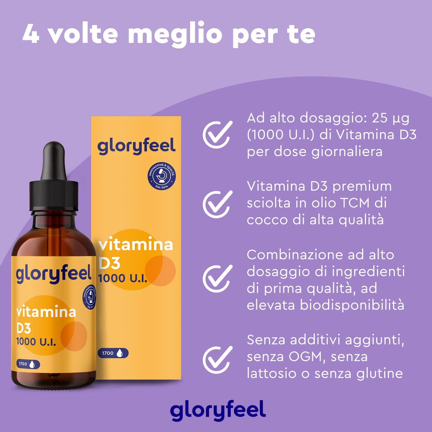 Vitamina D3 1000 UI per Goccia, 50ml (1700 Gocce), Qualità Premium, Supporta Ossa, Denti e Sistema Immunitario, Vitamina D Liquida Colecalciferolo, in Olio MCD da Noce di Cocco ad Alta Stabilità