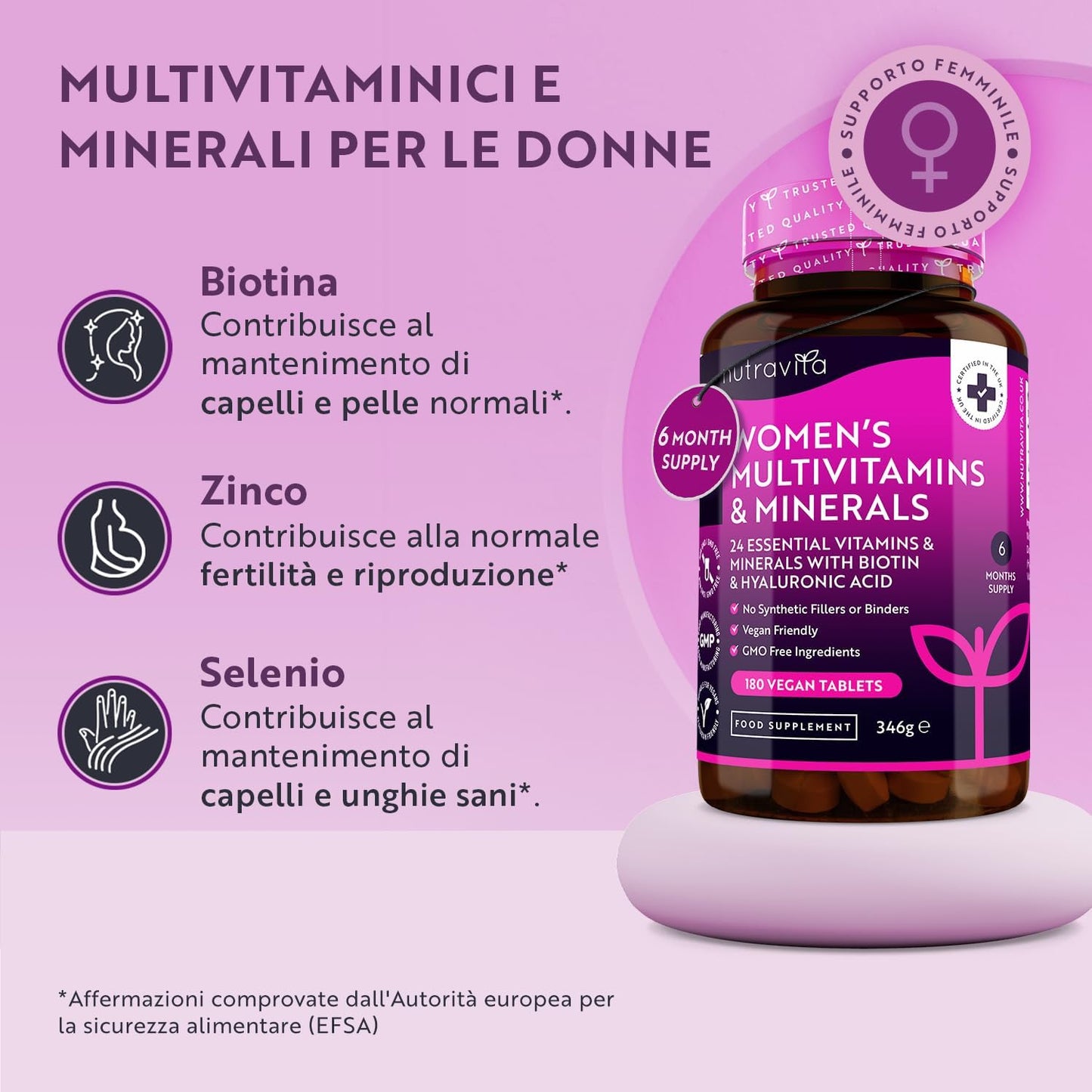 Multivitaminico e Multiminerale Donna - 24 vitamine e minerali attivi essenziali tra cui biotina e acido ialuronico - 180 compresse vegane - Senza riempitivi o leganti sintetici - Nutravita