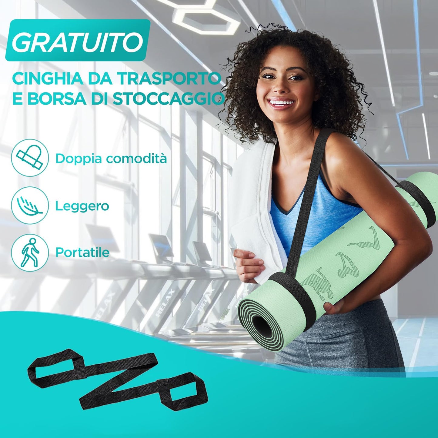 OUTDOUSE Tappetino Yoga,Tappetino Palestra TPE,Tappetino Yoga Antiscivolo,Tappetino Pilates,Tappeto Yoga,per Palestra,Pilates,Yoga,Fitness,Sport,Yoga Mat con Tracolla e Borsa di Stoccaggio,183x61cm