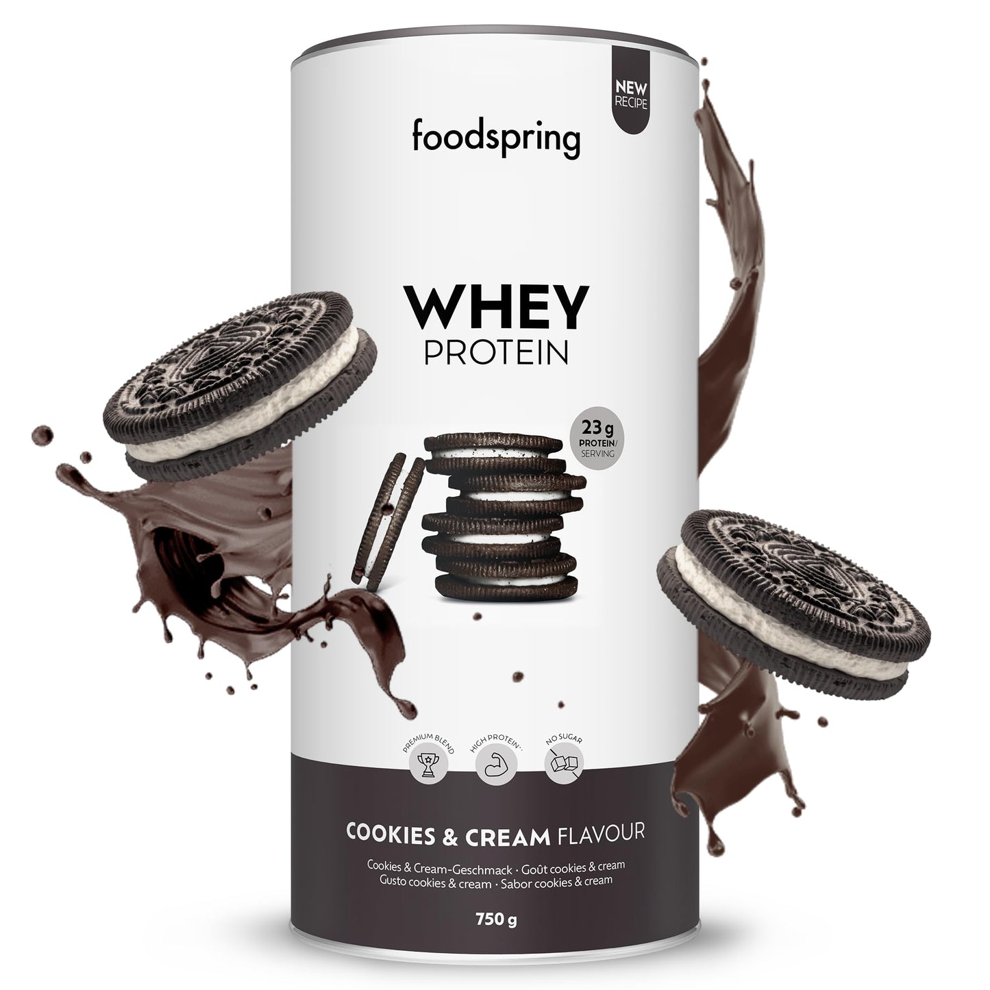 foodspring - Proteine Whey in polvere Cioccolato - Con 21 g di proteine per l'aumento muscolare, perfetta solubilità, ultra-filtrate & ricche di BCAA ed EAA - gusto pieno e delizioso (750 g)