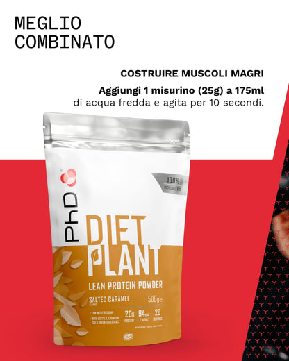 PhD Nutrition Diet Plant Proteine in polvere vegane 500g Caramello Salato, High Protein Powder con 20g di proteine per porzione, Con CLA e carnitina