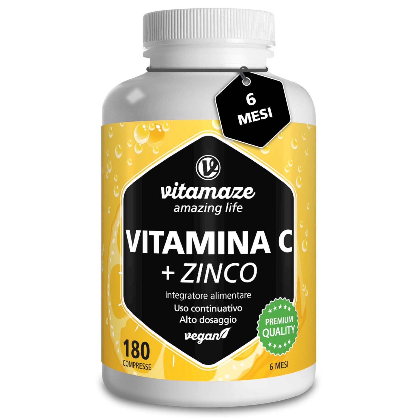 Vitamina C 1000mg (1 Anno) + Zinco + Bioflavonoidi, 360 Compresse, 1 Compresse per Giorno, Vegan Vitamina C Pura Dose Forte, Qualità Tedesca, Integratore Alimentare senza Additivi. Vitamaze®