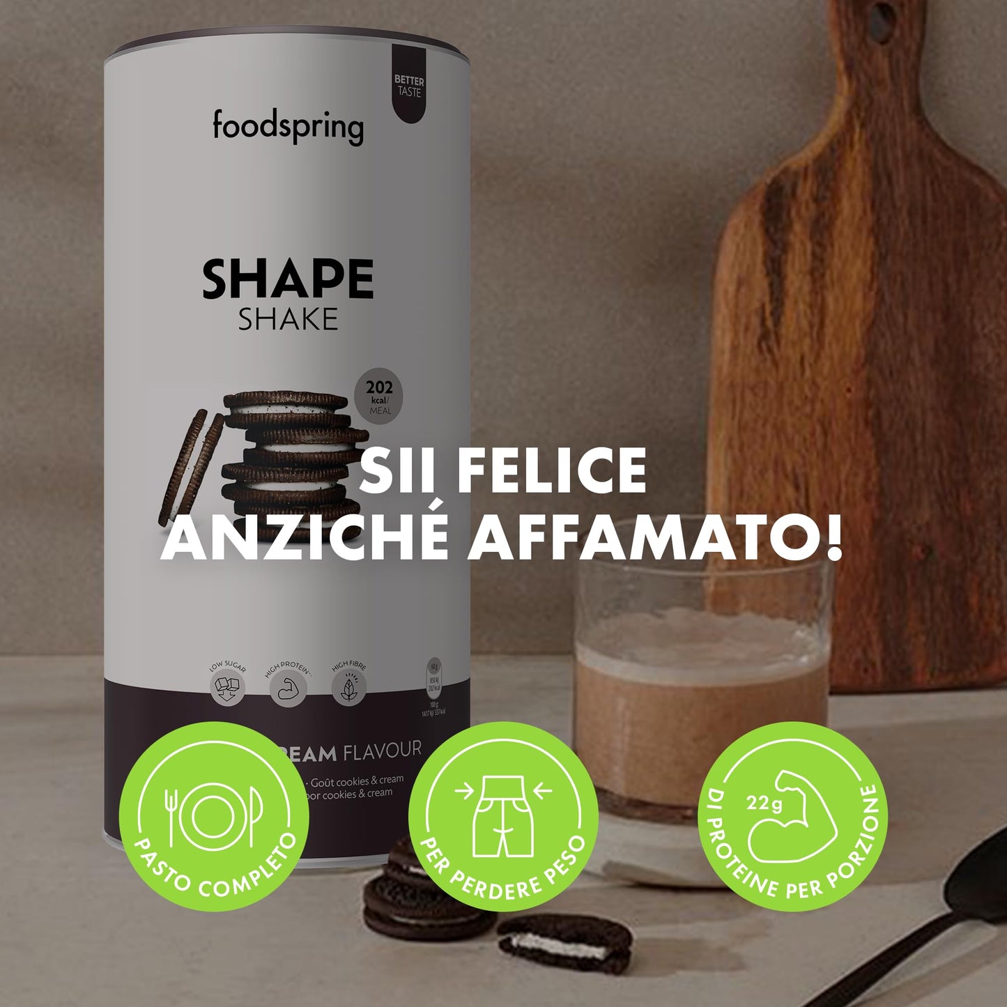 foodspring Shape Shake Bustine Monoporzione, 10 x 60 g, Sostituto pasto per il controllo del peso*, Ricco di proteine, Vitamine e minerali