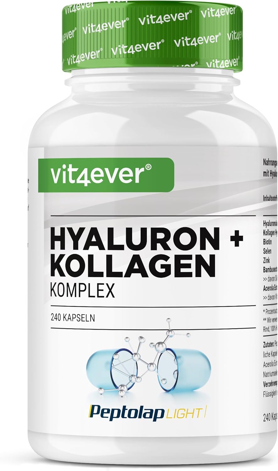 Complesso di acido ialuronico e collagene - 240 capsule - Premium: Con biotina bioattiva, selenio, zinco, vitamina C naturale da acerola e silicio da bambù