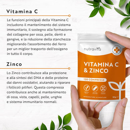 Vitamina C Pura Alto Dossagio 1000mg + Zinco 15mg – 120 Compresse Vegane - Integratori Vitamina C Zinco ad Alta Resistenza - Sostiene il Sistema Immunitario, Pelle, Ossa, Unghie, Capelli – Nutravita