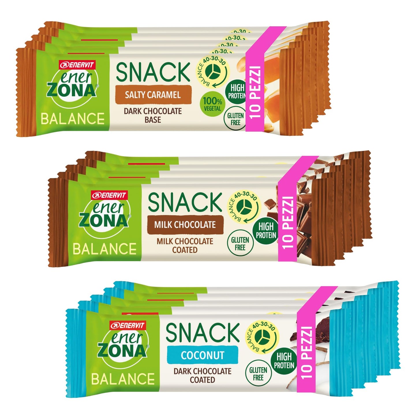 Enervit, Enerzona Protein Snack 40-30-30 Variety Pack 10pz Caramello + 10pz Crunchy Choco+ 10pz Cookies, Barrette Proteiche per Dieta a Zona con Proteine del Latte e Fibre, Senza Olio di Palma