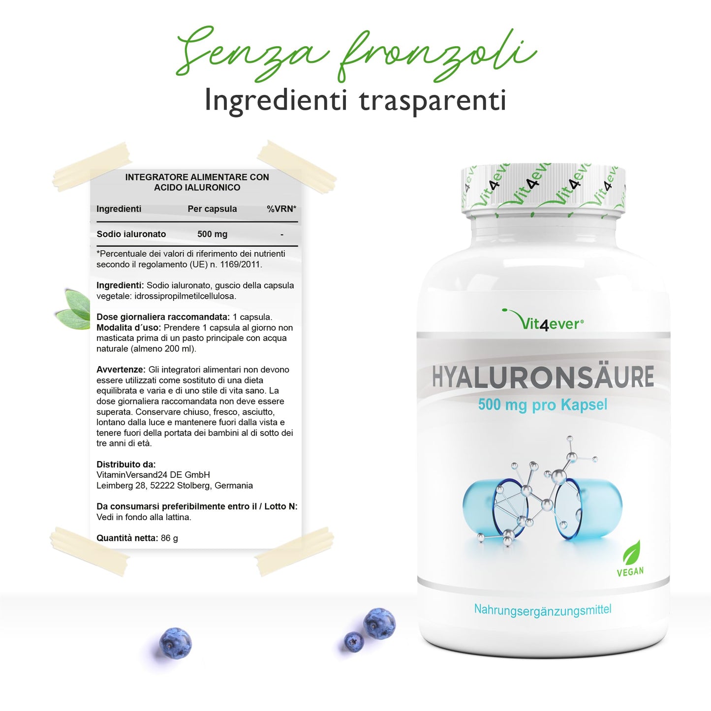 Acido ialuronico - 120 capsule altamente dosate con 500 mg - 500-700 kDa - Vegetale da fermentazione - Vegan