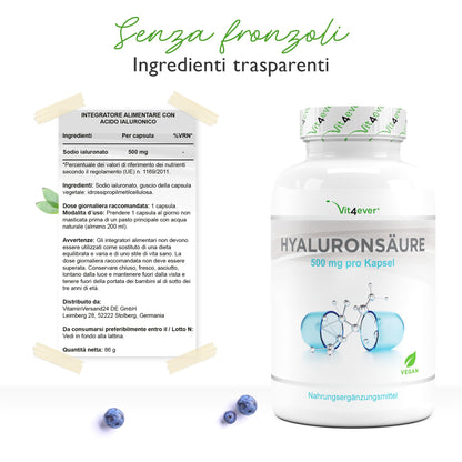 Acido ialuronico - 120 capsule altamente dosate con 500 mg - 500-700 kDa - Vegetale da fermentazione - Vegan