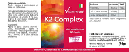 Vitamina k2 mk7 Complex 1250mcg - 240 Capsule - Vegan - Altamente dosato - MK-4 e MK-7 | Vitamintrend®