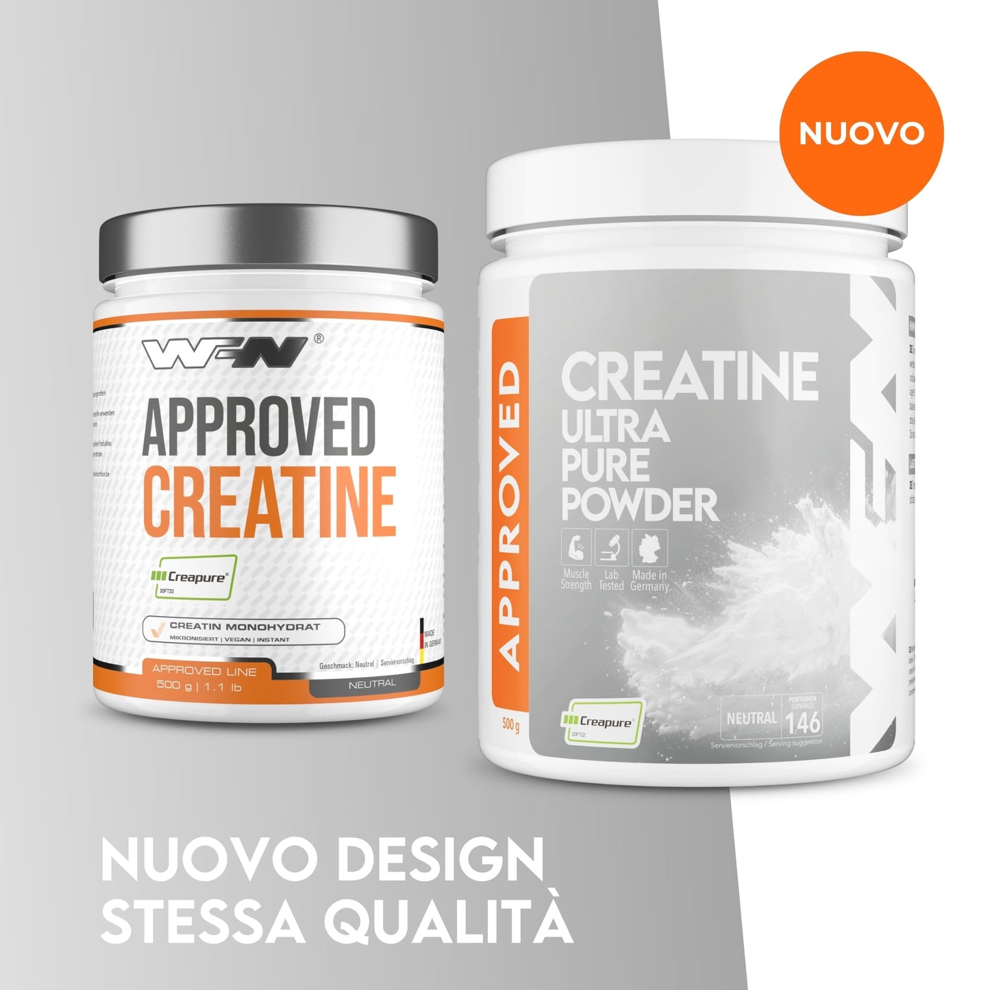 WFN Approved Creatine - Creapure - Neutro - 500 g - Creatina monoidrato - Polvere - Vegano - 146 porzioni - Prodotto in Germania - Testato in laboratorio esterno