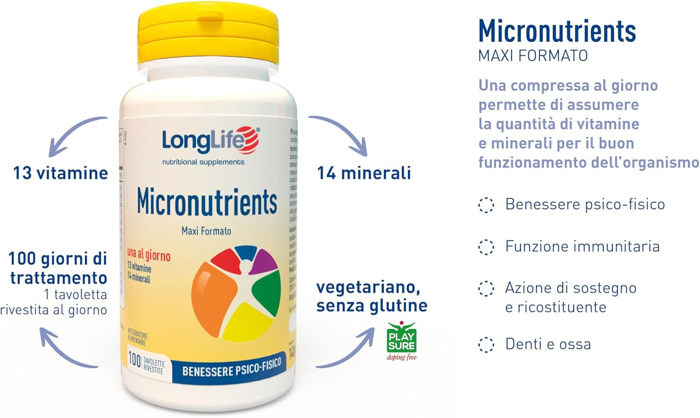 LongLife® Micronutrients 100 tav | Integratore multivitaminico | Alto dosaggio | Benessere psicofisico | Sostegno immunitario, psicologico, muscolare | Oltre 3 mesi di trattamento | Senza glutine