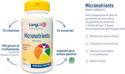 LongLife® Micronutrients 100 tav | Integratore multivitaminico | Alto dosaggio | Benessere psicofisico | Sostegno immunitario, psicologico, muscolare | Oltre 3 mesi di trattamento | Senza glutine