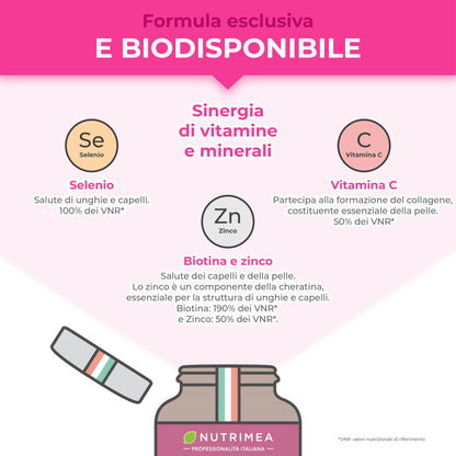 Biotina Nutrimea | Capelli, Unghie e Pelle | Vitamina B8, Zinco, Selenio e Semi di Zucca | Trattamento 4 Mesi | 120 Capsule Vegane