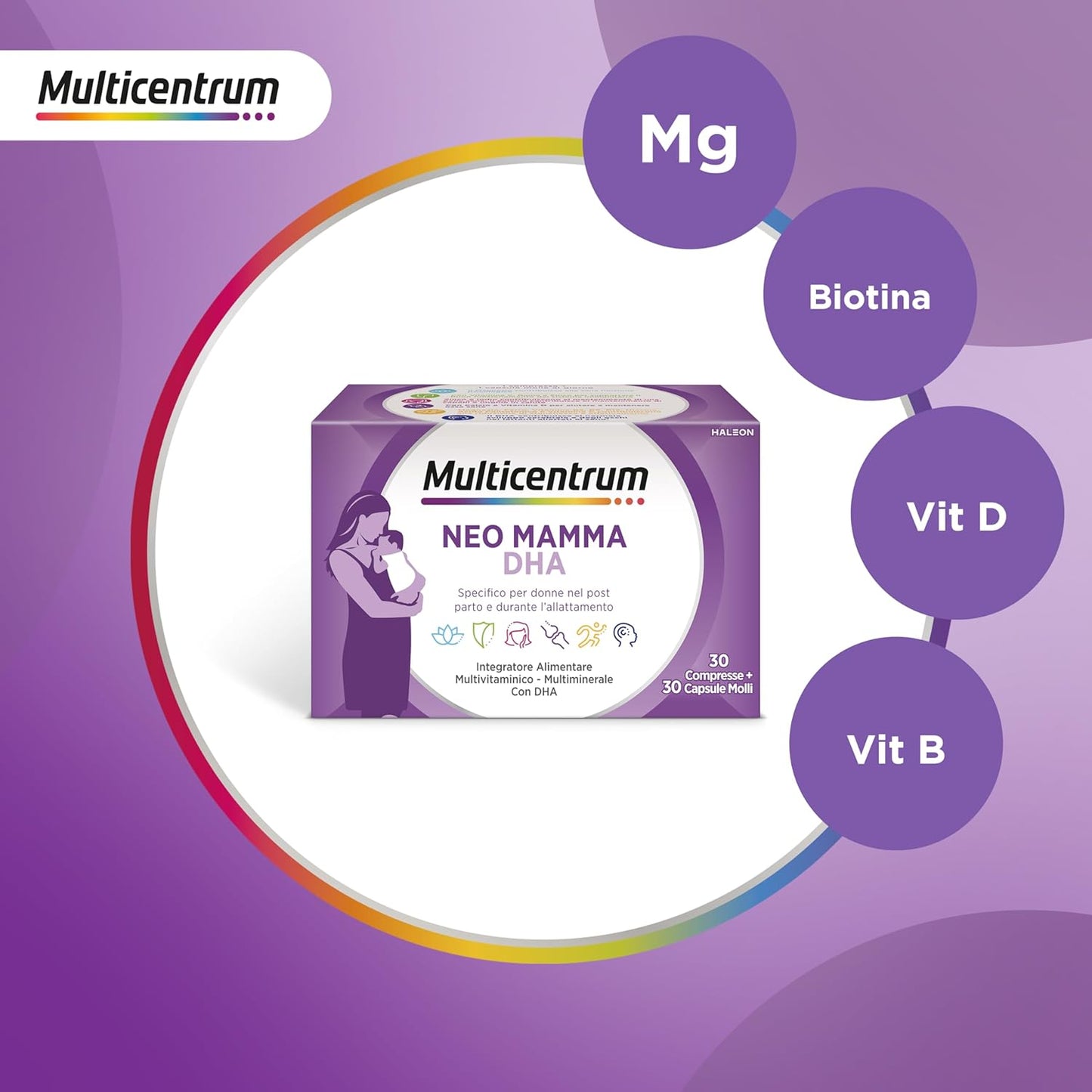 Multicentrum Neo Mamma DHA, Integratore Multivitaminico specifico per la donna dopo la gravidanza e durante l'allattamento, ricco di Acido Folico, Vitamina d, b12 e biotina, 30cpr +30 capsule molli