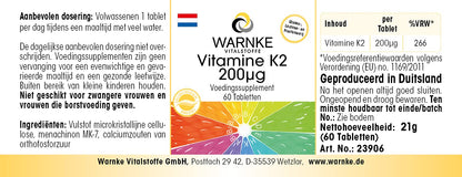 Vitamina k2 mk7 200 mcg - 60 compresse - Menachinone naturale MK-7 - vegano | Warnke Vitalstoffe - Qualità da farmacia tedesca