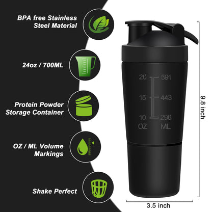 ROCKY&CHAO Shaker per Proteine Bottiglia in Acciaio Inossidabile Bottiglia di proteine Coppa Sport 700 ml + 200 ml（Acciaio inossidabile）