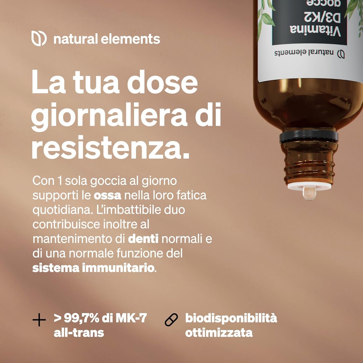 Vitamina D3 + K2 in gocce da 50 ml – Premium: meno che 99,7% all-trans (K2VITAL® di Kappa) + D3 ad alta biodisponibilità – natural elements – Integratore Vitamin D – alto dosaggio, liquida