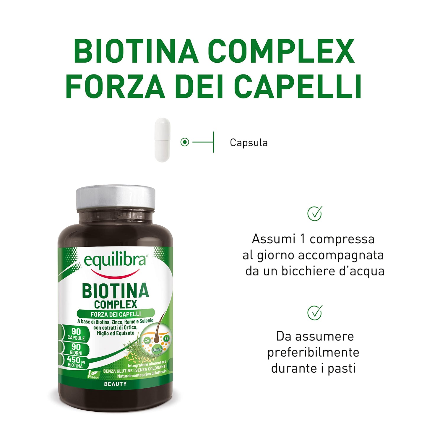 equilibra Integratori Alimentari, Biotina Complex, Benessere di Capelli e Unghie, Integratore Altodosato a Base di Biotina, Zinco, Rame, Selenio, Estratti di Ortica, Miglio, Equiseto, 90 Capsule