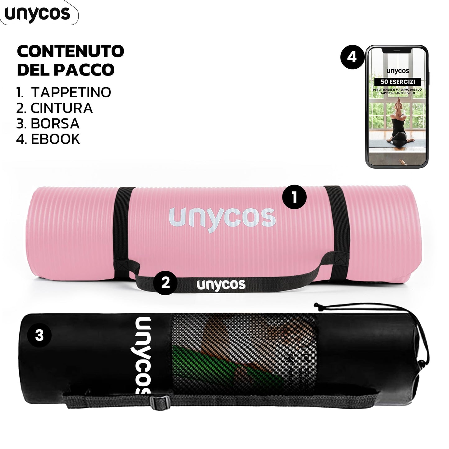 unycos - Tappetino Antiscivolo da Yoga, Pilates e Ginnastica Extra Spesso 10/15 mm, 183x60 cm, Materassino Fitness con Schiuma NBR Confortevole, Tracolla, Borsa ed E-Book di 50 Esercizi