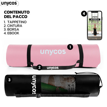 unycos - Tappetino Antiscivolo da Yoga, Pilates e Ginnastica Extra Spesso 10/15 mm, 183x60 cm, Materassino Fitness con Schiuma NBR Confortevole, Tracolla, Borsa ed E-Book di 50 Esercizi