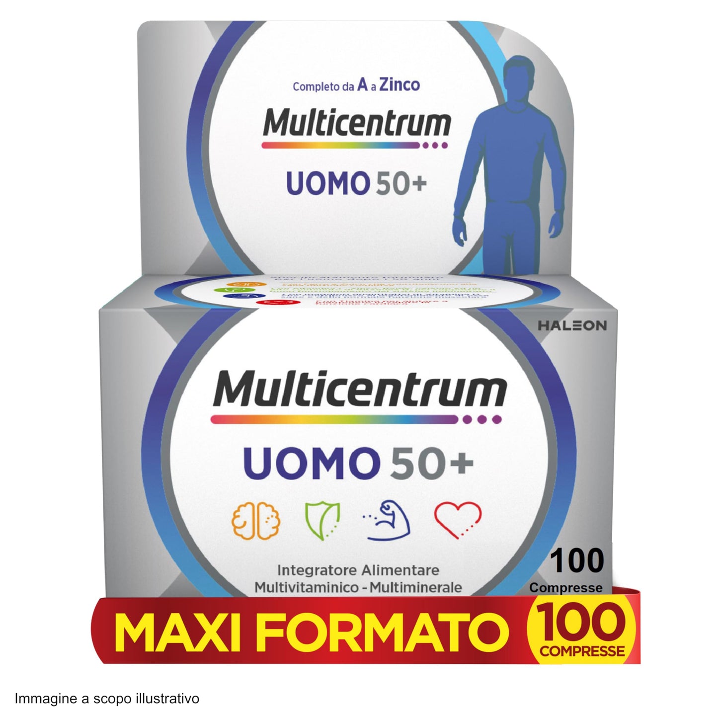 Multicentrum Uomo 50+ Integratore Alimentare Multivitaminico Completo, con Vitamina D3, Supporto Contro la Stanchezza per Uomini oltre 50 anni, 100 Compresse