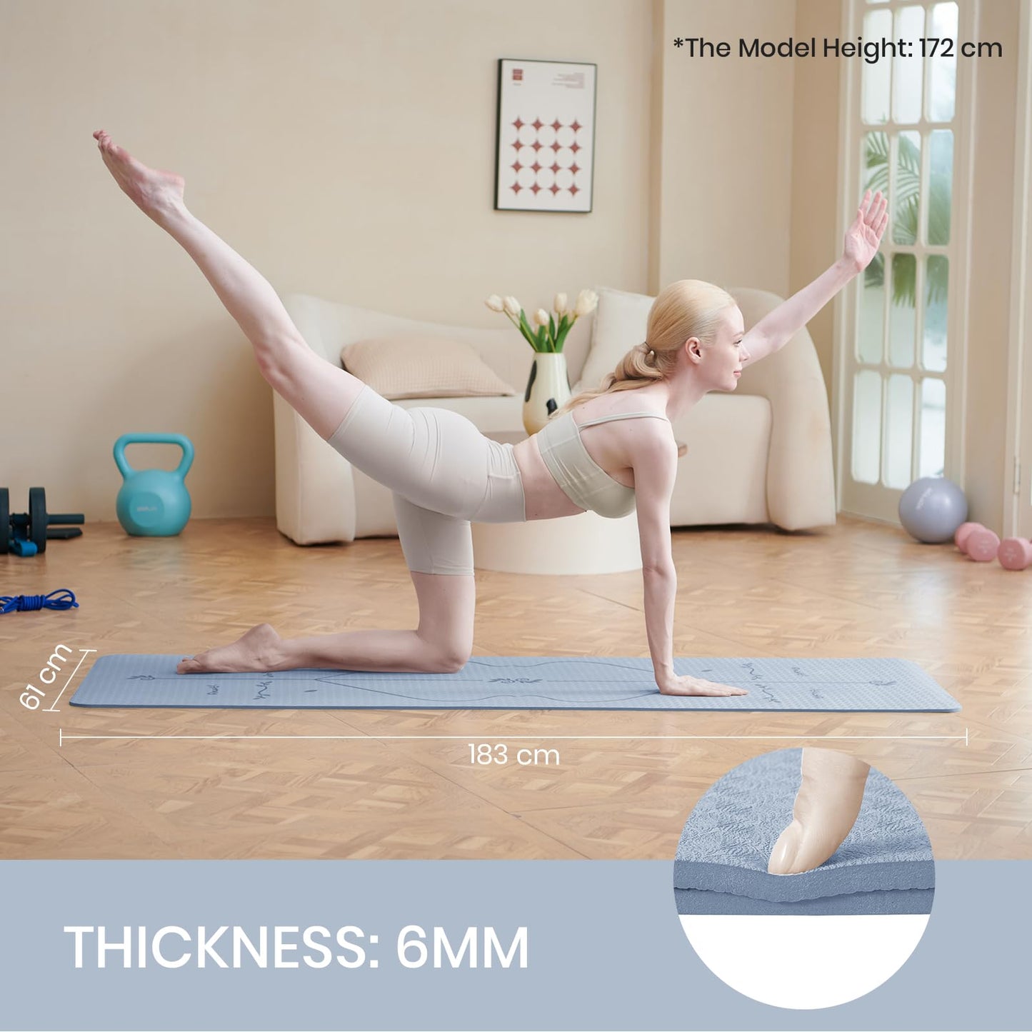 Good Nite Tappetino da yoga da 6 mm, in TPE, antiscivolo, per fitness, pilates, allenamento, yoga, pilates, allenamento, 183 x 61 x 0,6 cm