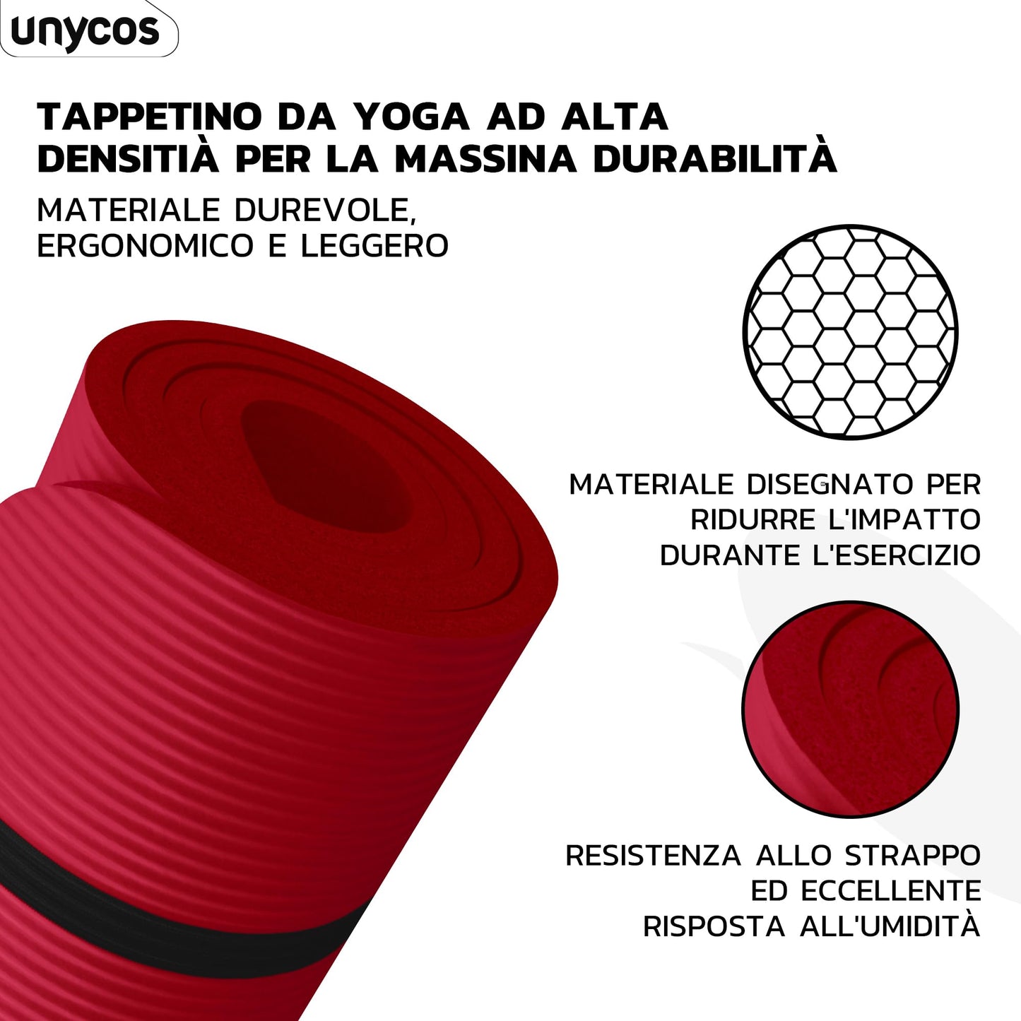 unycos - Tappetino Antiscivolo da Yoga, Pilates e Ginnastica Extra Spesso 10/15 mm, 183x60 cm, Materassino Fitness con Schiuma NBR Confortevole, Tracolla, Borsa ed E-Book di 50 Esercizi