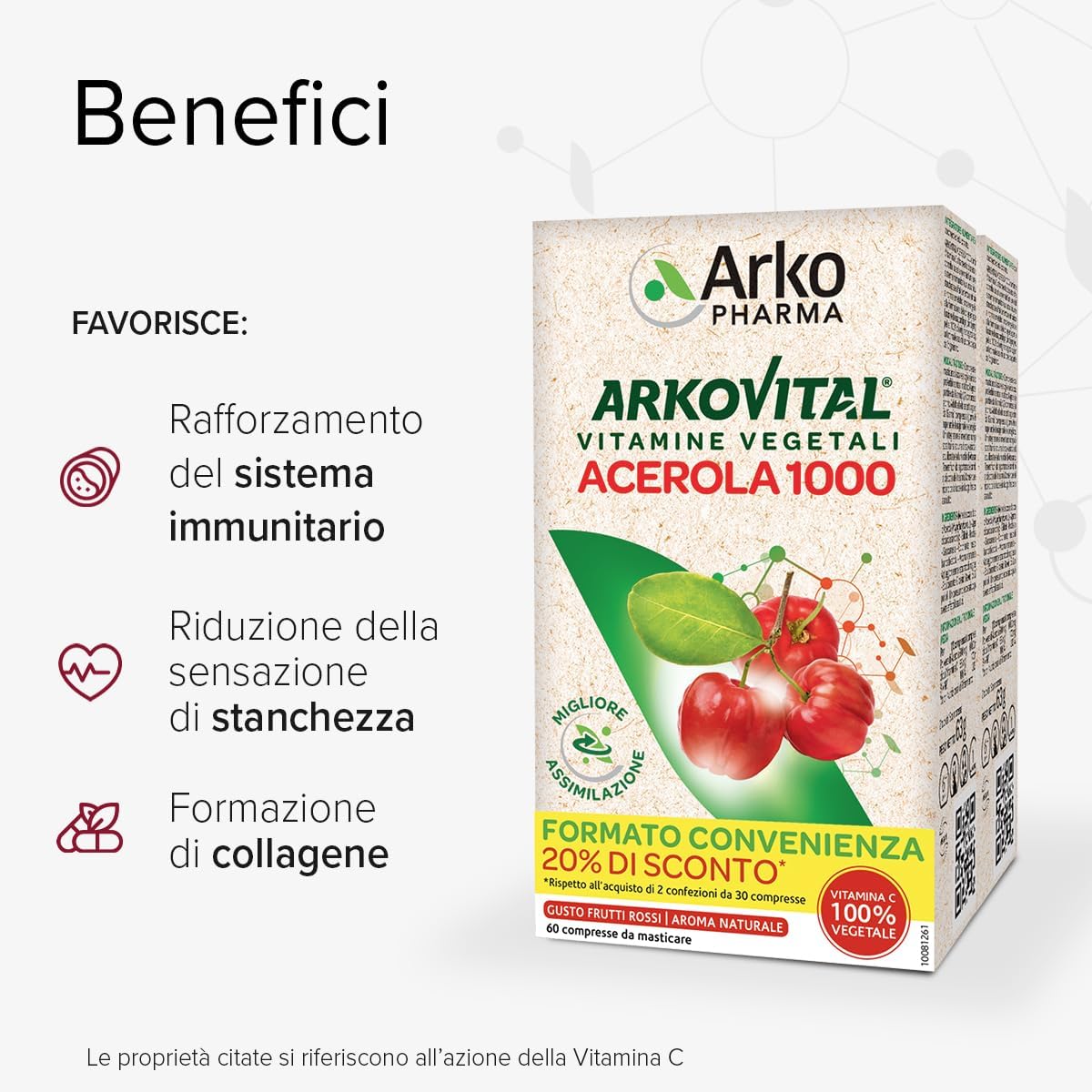 Arkopharma Arkovital Acerola 1000 - Integratore Alimentare con Vitamina C - 100% Origine Vegetale - 1 Confezione da 60 Compresse - Per tutta la Famiglia