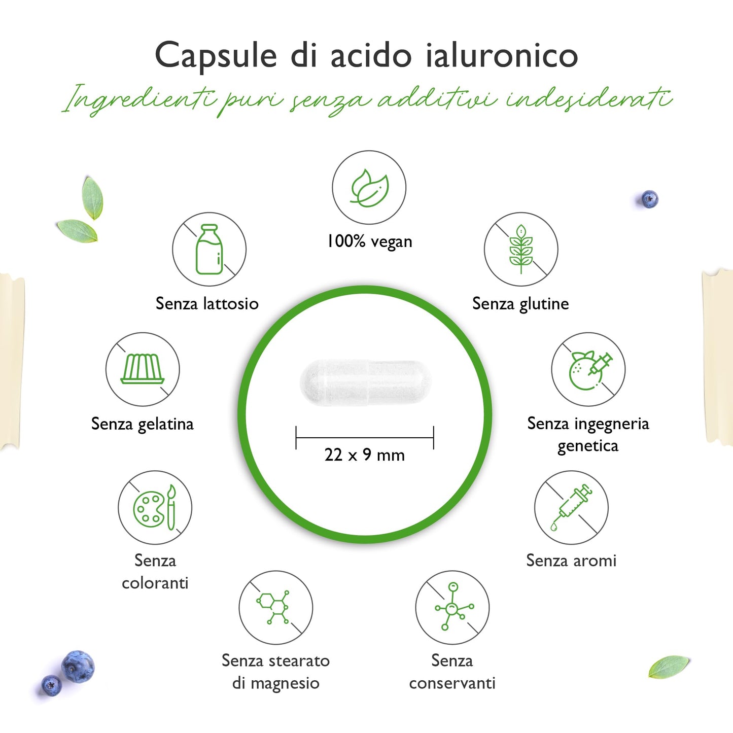 Acido ialuronico - 120 capsule altamente dosate con 500 mg - 500-700 kDa - Vegetale da fermentazione - Vegan