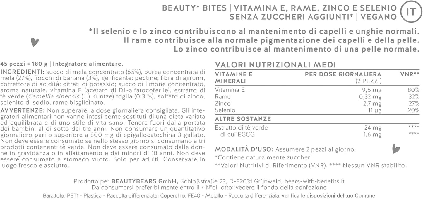 Bears with Benefits Beauty Bites - Rinforzo dei capelli e ringiovanimento della pelle - Vitamina E, selenio, zinco, rame & estratto di tè verde - Senza zucchero e dolcificanti - 45 pezzi